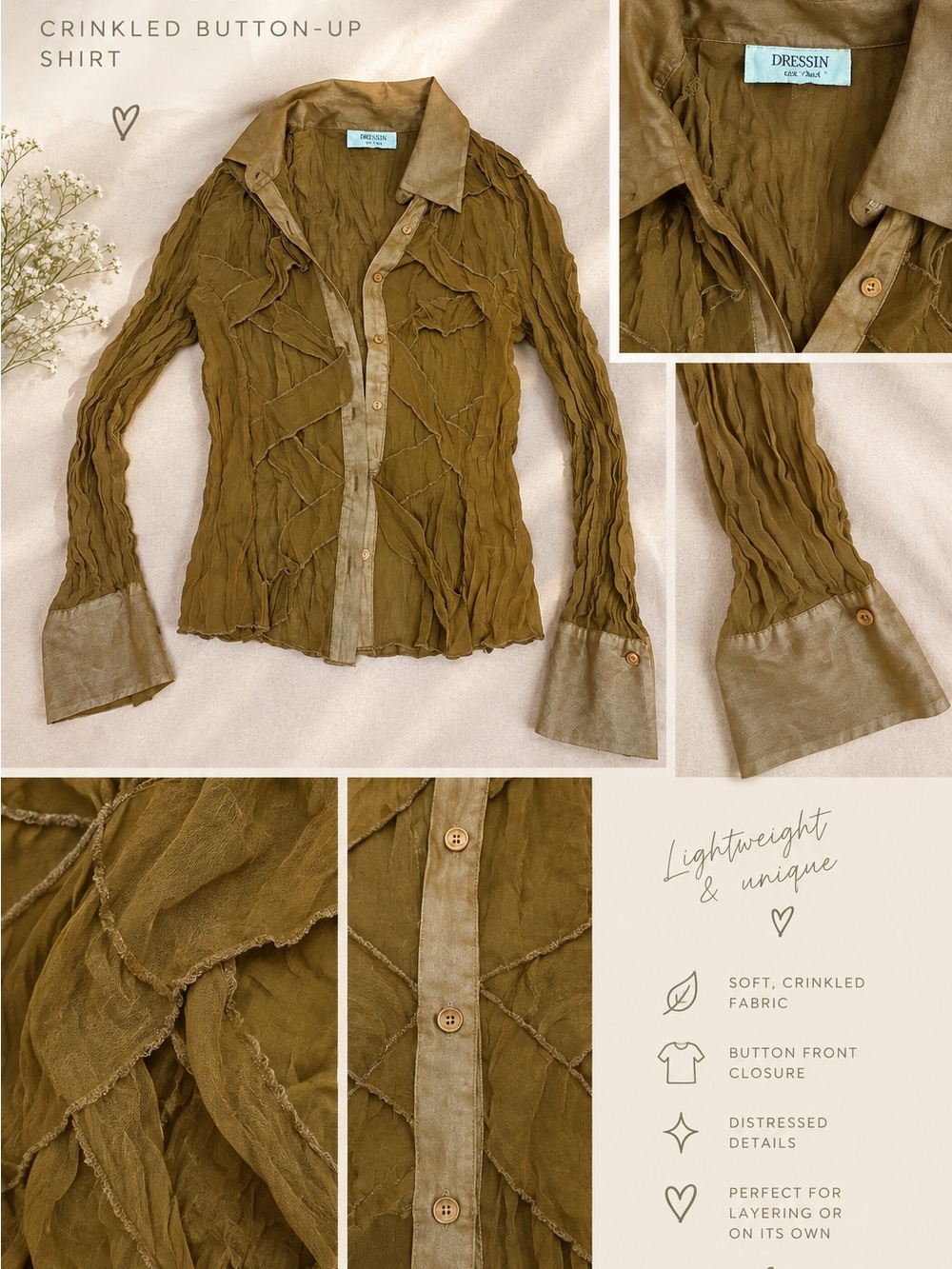 Olive Crinkled Button-Up Blouse